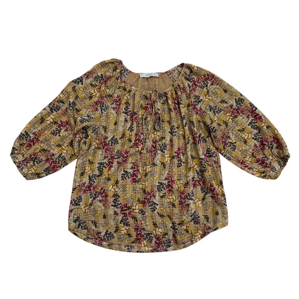 Ann Taylor LOFT Floral Tie Neck Blouse Top Yellow Floral Boho Womens Size S NWOT